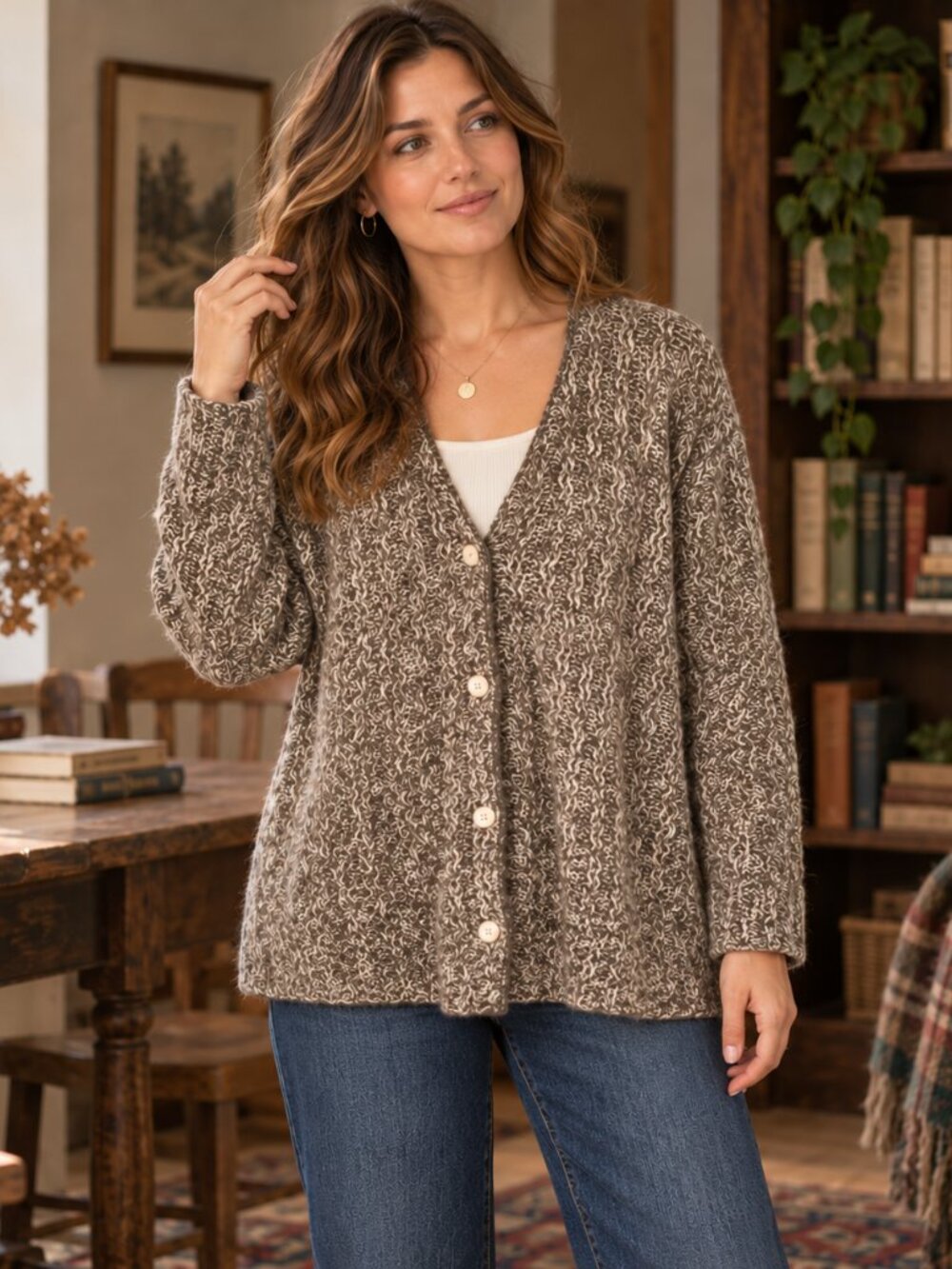 Silk Mohair Wool Cardigan Sweater Womens M Marled Knit Granola Academia Earthy